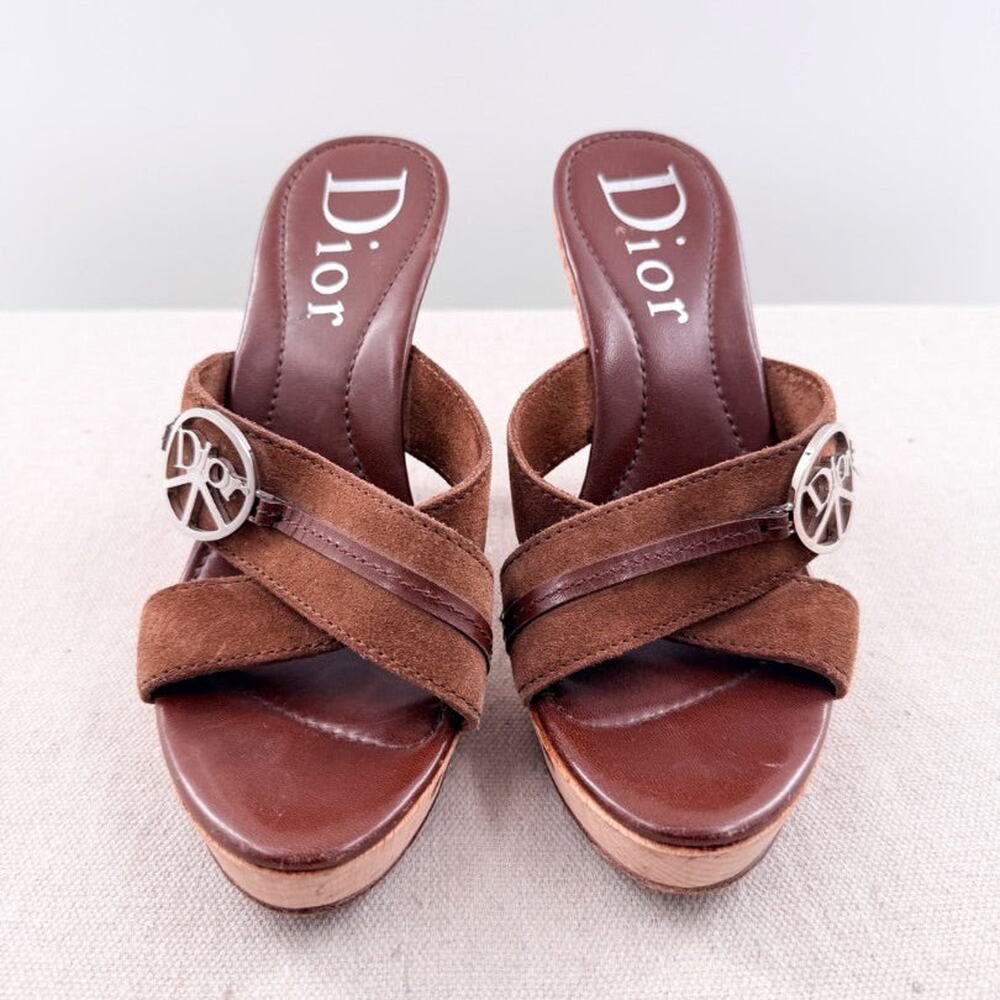 Christian Dior "Love and Peace" Wooden Slip On Mule Sandals Brown Women's EU 38